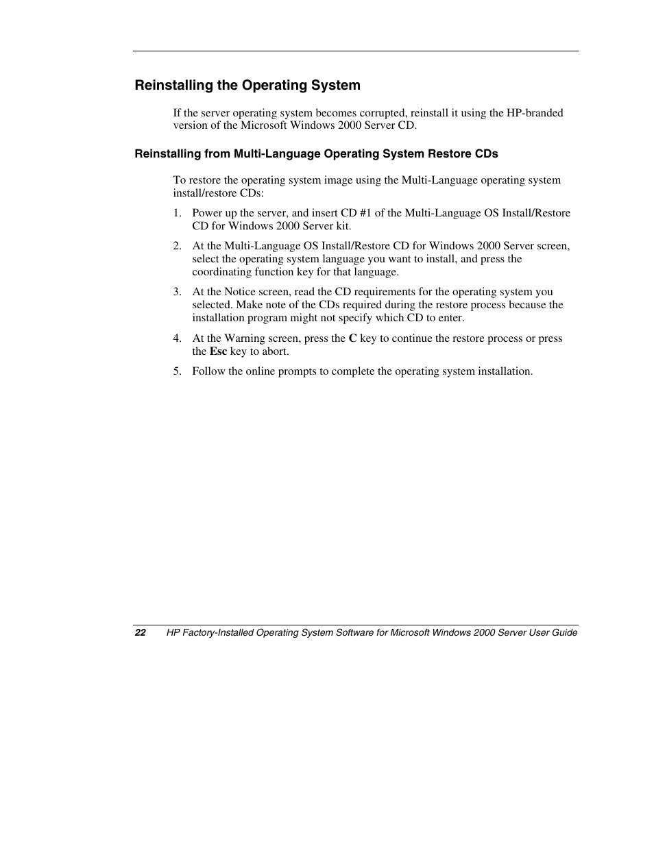 Reinstalling the operating system | HP ProLiant ML150 Server User Manual | Page 22 / 23