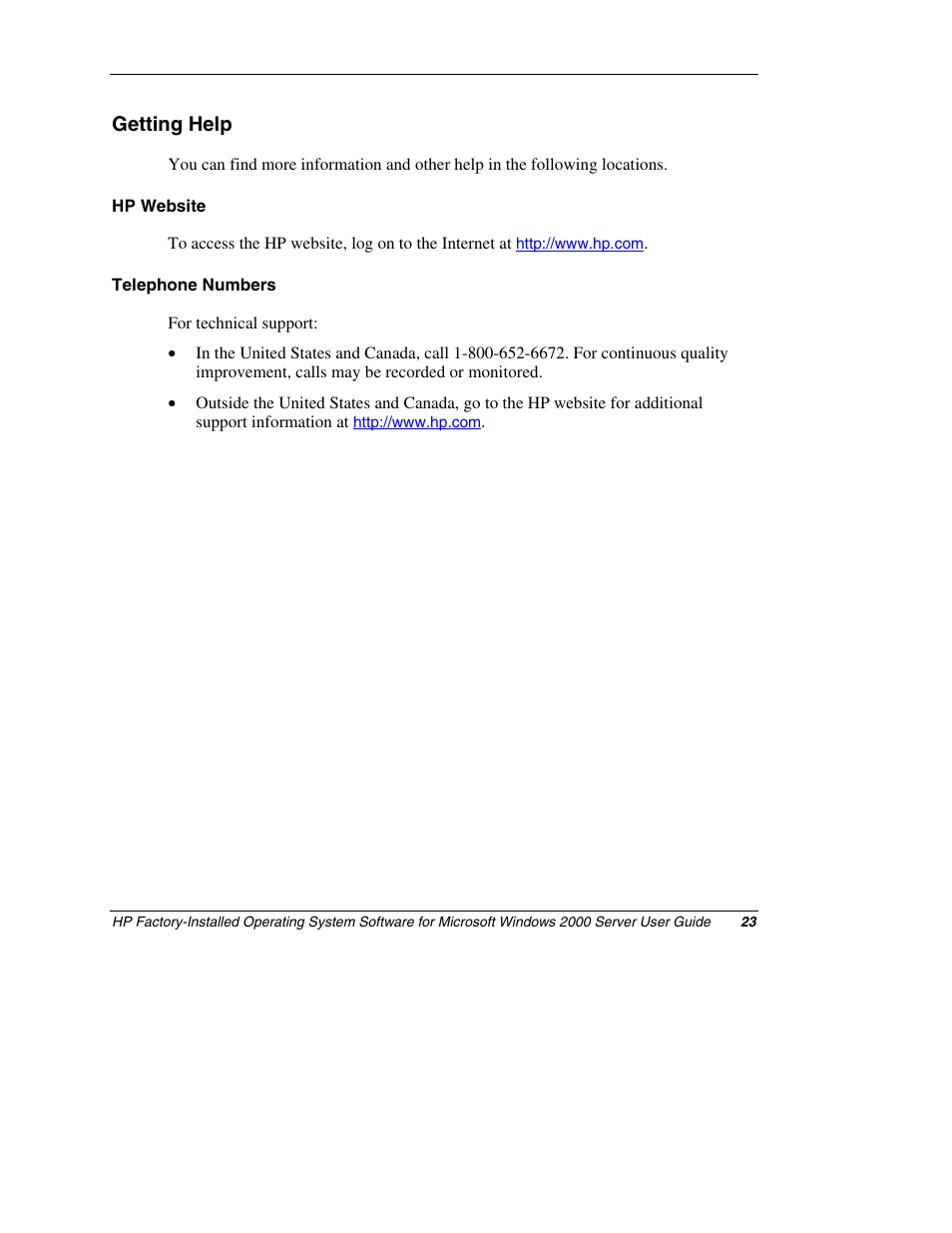 Getting help, Hp website, Telephone numbers | HP ProLiant ML150 Server User Manual | Page 23 / 23