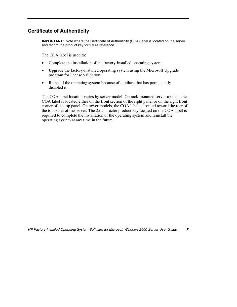 Certificate of authenticity | HP ProLiant ML150 Server User Manual | Page 7 / 23