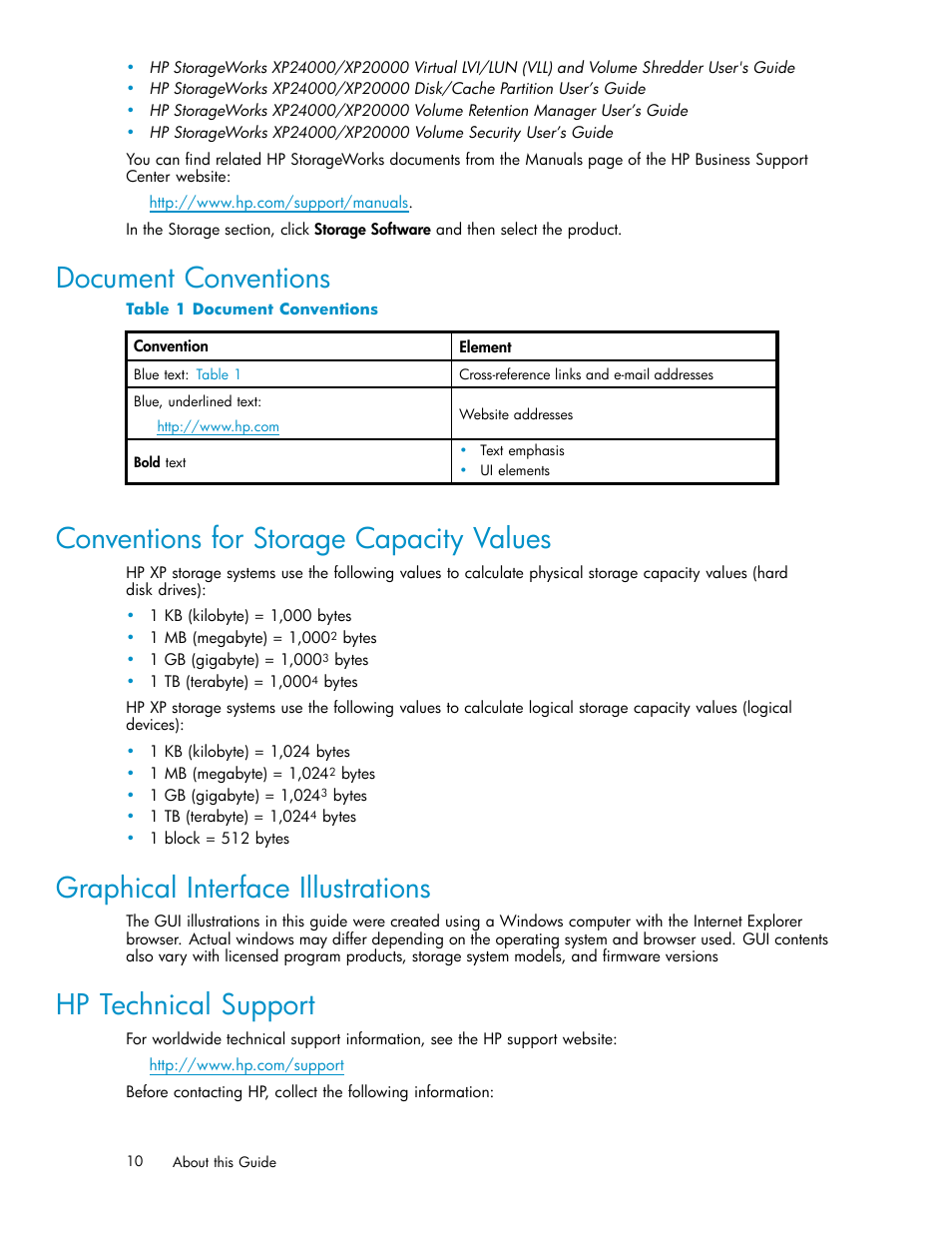 Document conventions, Conventions for storage capacity values, Graphical interface illustrations | Hp technical support, 1 document conventions | HP XP20000XP24000 Disk Array User Manual | Page 10 / 108