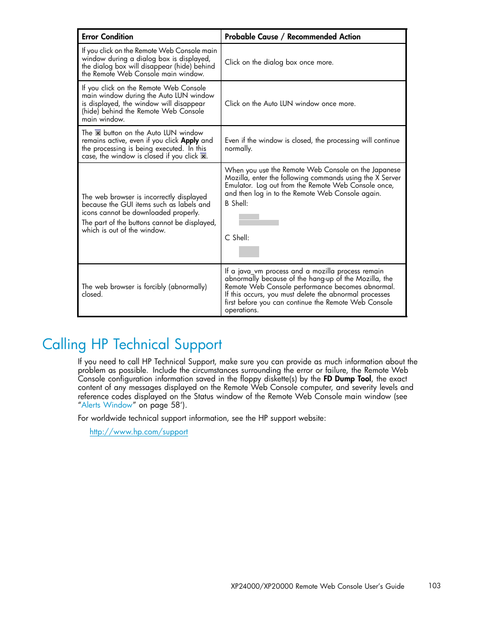 Calling hp technical support, Calling hp, Technical support | HP XP20000XP24000 Disk Array User Manual | Page 103 / 108
