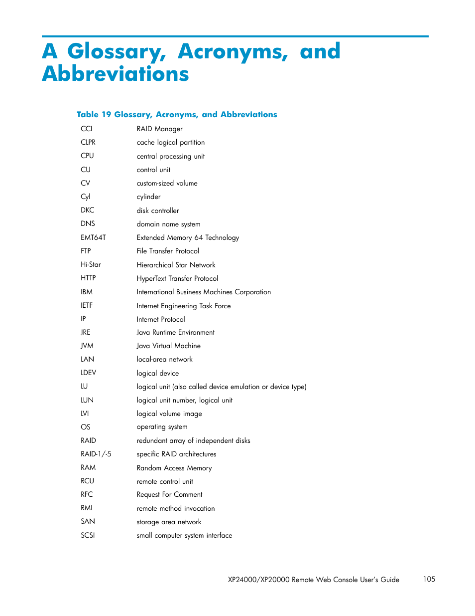 A glossary, acronyms, and abbreviations, 19 glossary, acronyms, and abbreviations | HP XP20000XP24000 Disk Array User Manual | Page 105 / 108