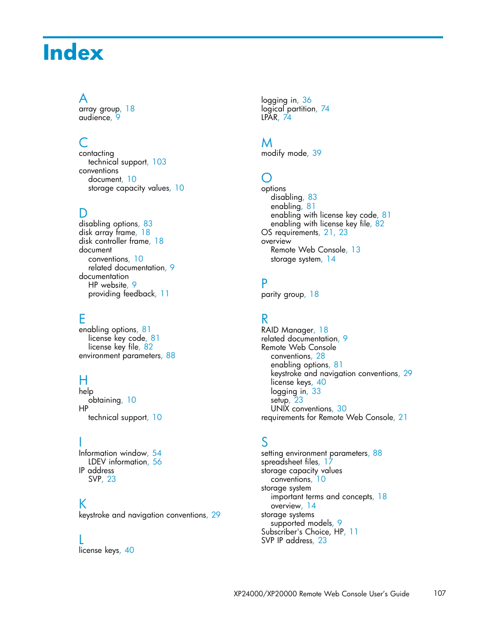 Index | HP XP20000XP24000 Disk Array User Manual | Page 107 / 108