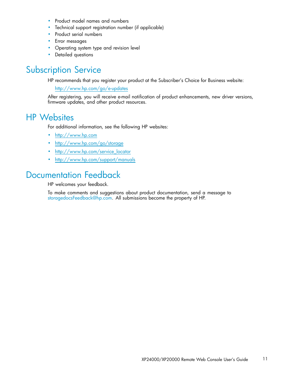 Subscription service, Hp websites, Documentation feedback | HP XP20000XP24000 Disk Array User Manual | Page 11 / 108