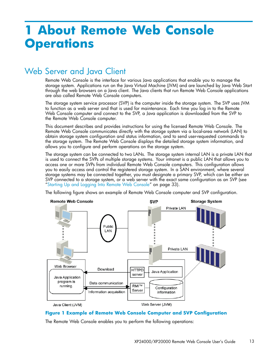 1 about remote web console operations, Web server and java client | HP XP20000XP24000 Disk Array User Manual | Page 13 / 108