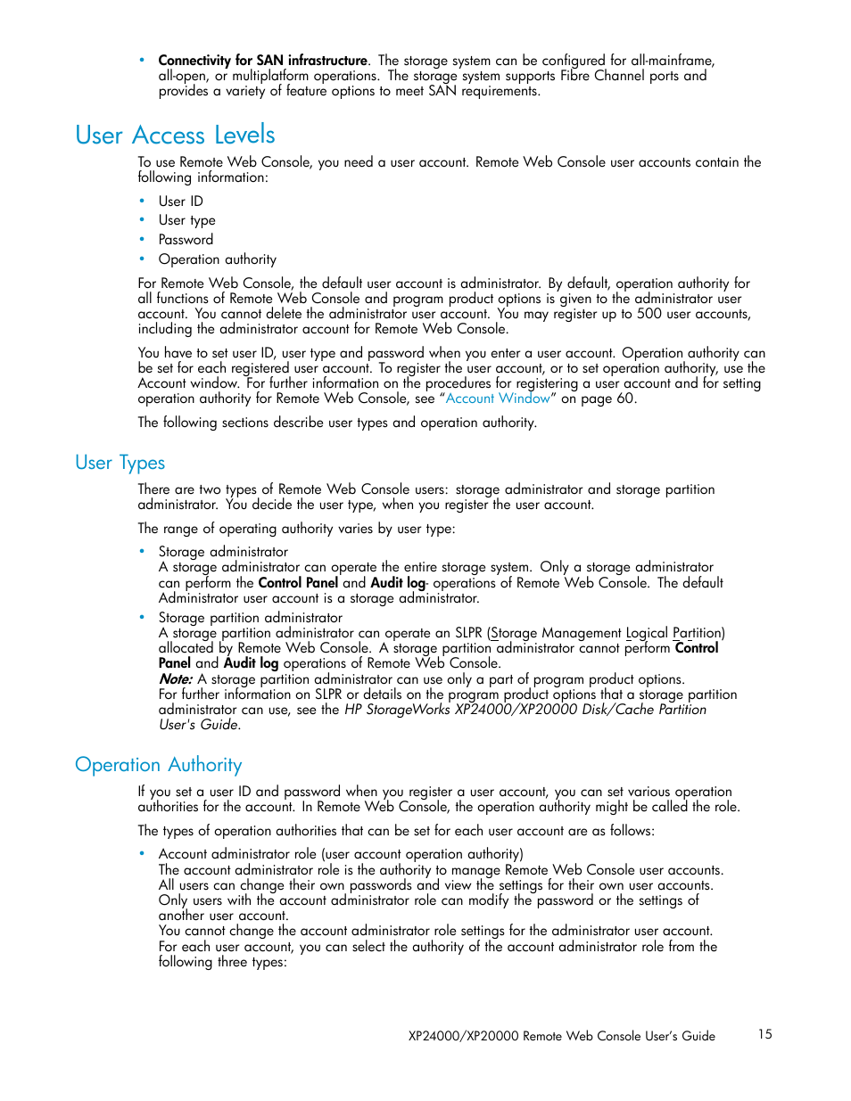 User access levels, User types, Operation authority | HP XP20000XP24000 Disk Array User Manual | Page 15 / 108