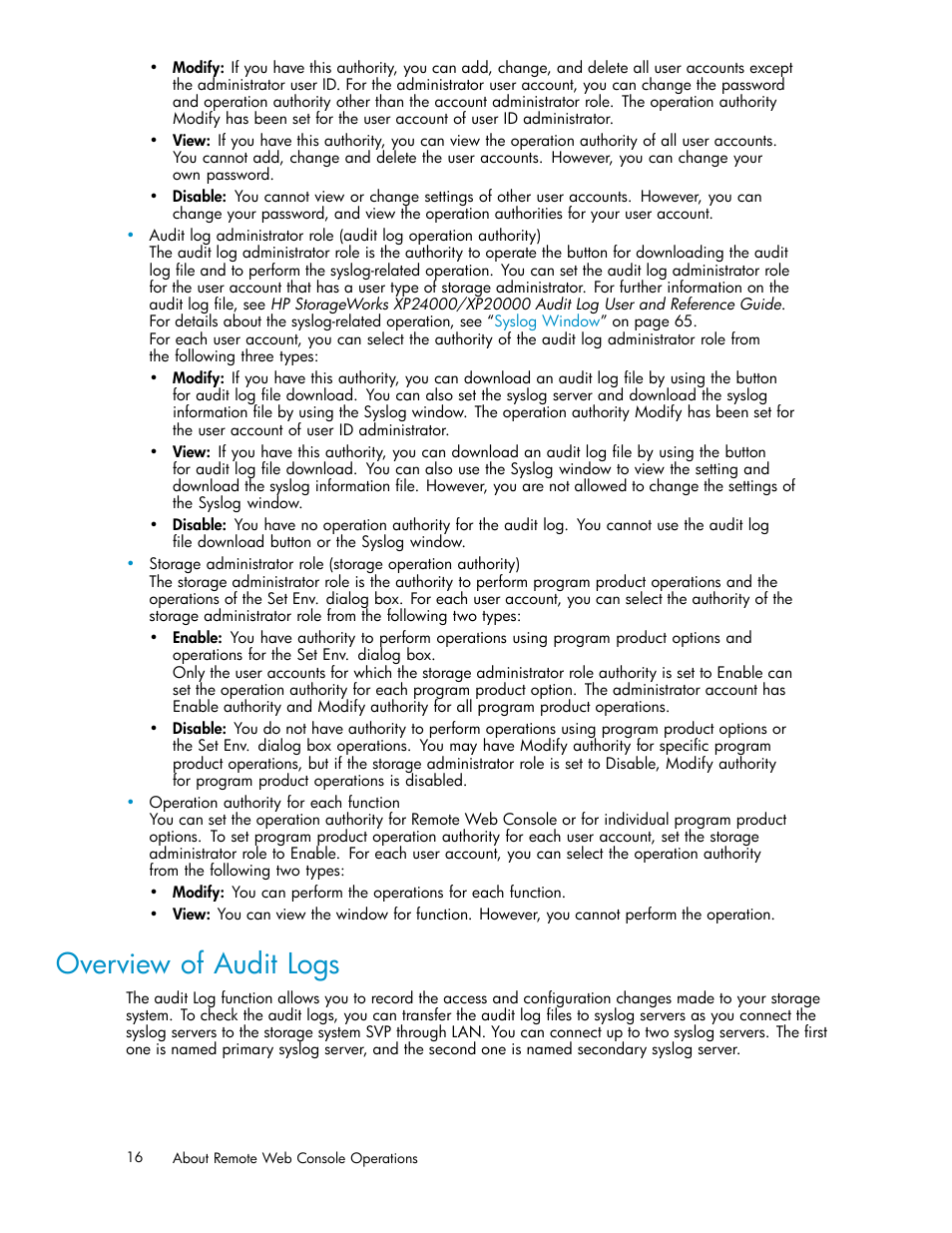 Overview of audit logs | HP XP20000XP24000 Disk Array User Manual | Page 16 / 108