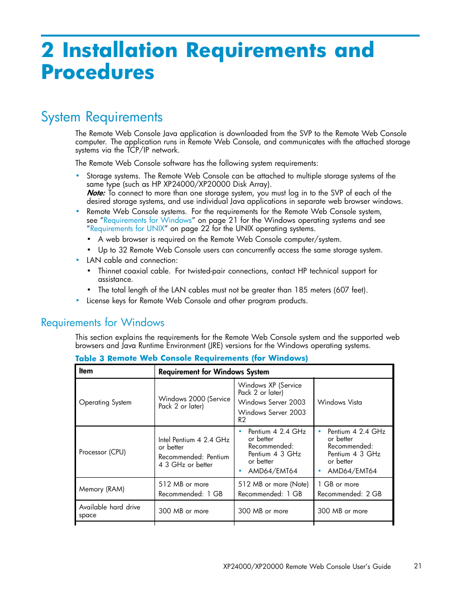 2 installation requirements and procedures, System requirements, Requirements for windows | 3 remote web console requirements (for windows) | HP XP20000XP24000 Disk Array User Manual | Page 21 / 108