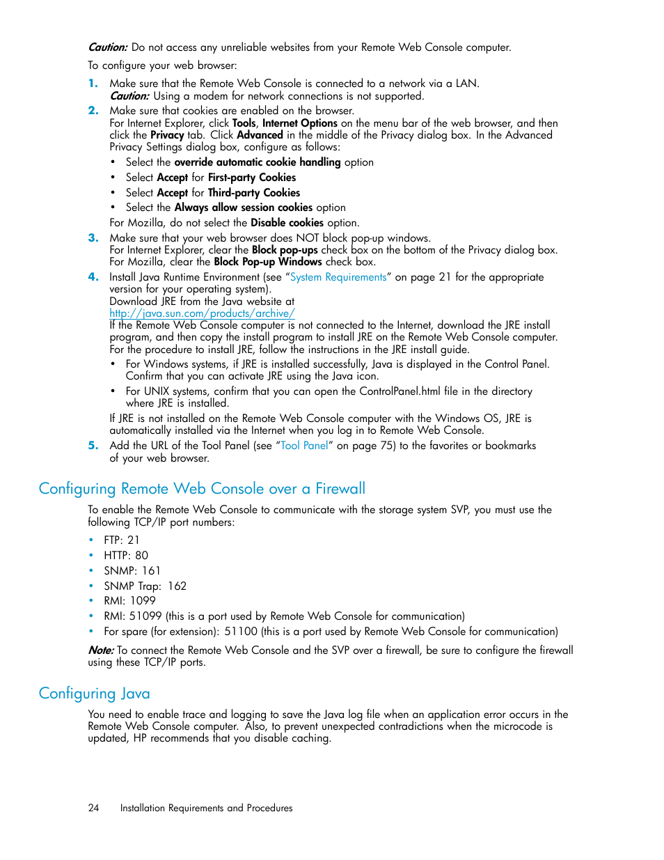Conﬁguring remote web console over a firewall, Conﬁguring java | HP XP20000XP24000 Disk Array User Manual | Page 24 / 108