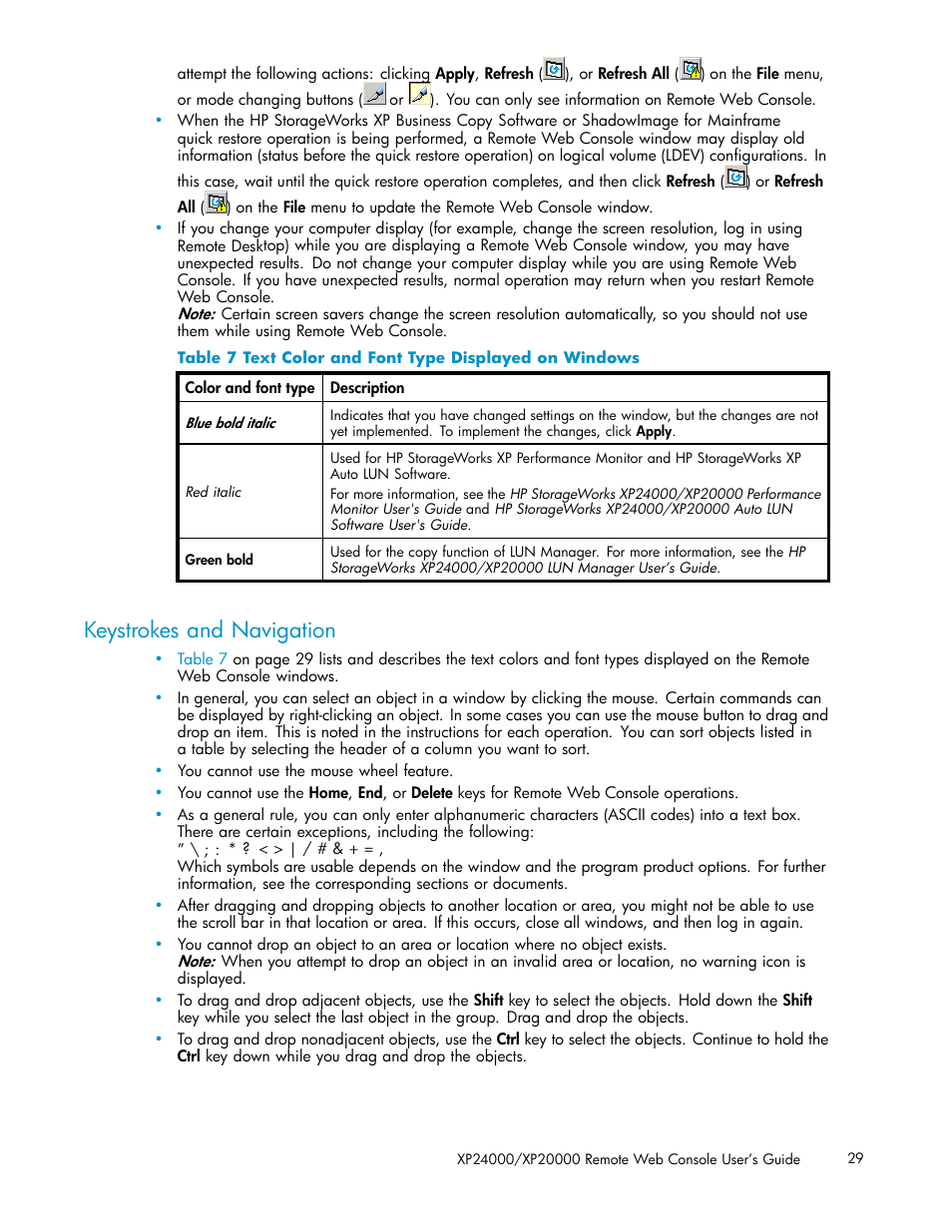 Keystrokes and navigation, 7 text color and font type displayed on windows | HP XP20000XP24000 Disk Array User Manual | Page 29 / 108