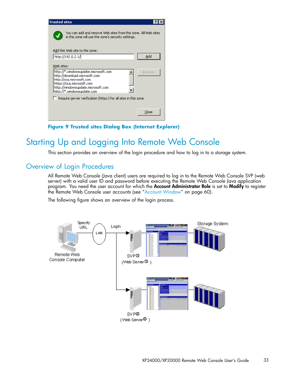 Starting up and logging into remote web console, Overview of login procedures, 9 trusted sites dialog box (internet explorer) | 10 selecting the desired svp (web server), Figure 9 | HP XP20000XP24000 Disk Array User Manual | Page 33 / 108