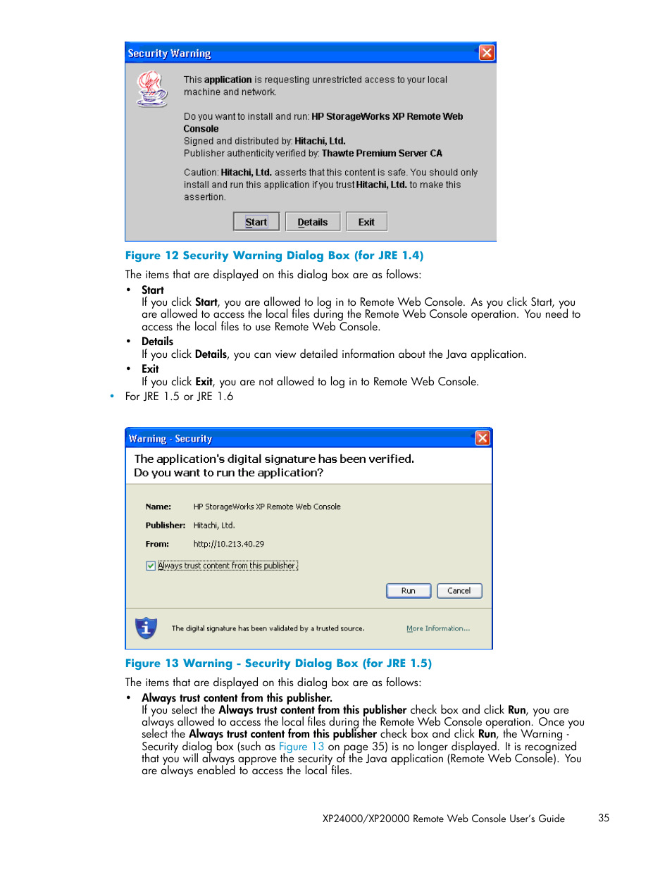 12 security warning dialog box (for jre 1.4), 13 warning - security dialog box (for jre 1.5) | HP XP20000XP24000 Disk Array User Manual | Page 35 / 108