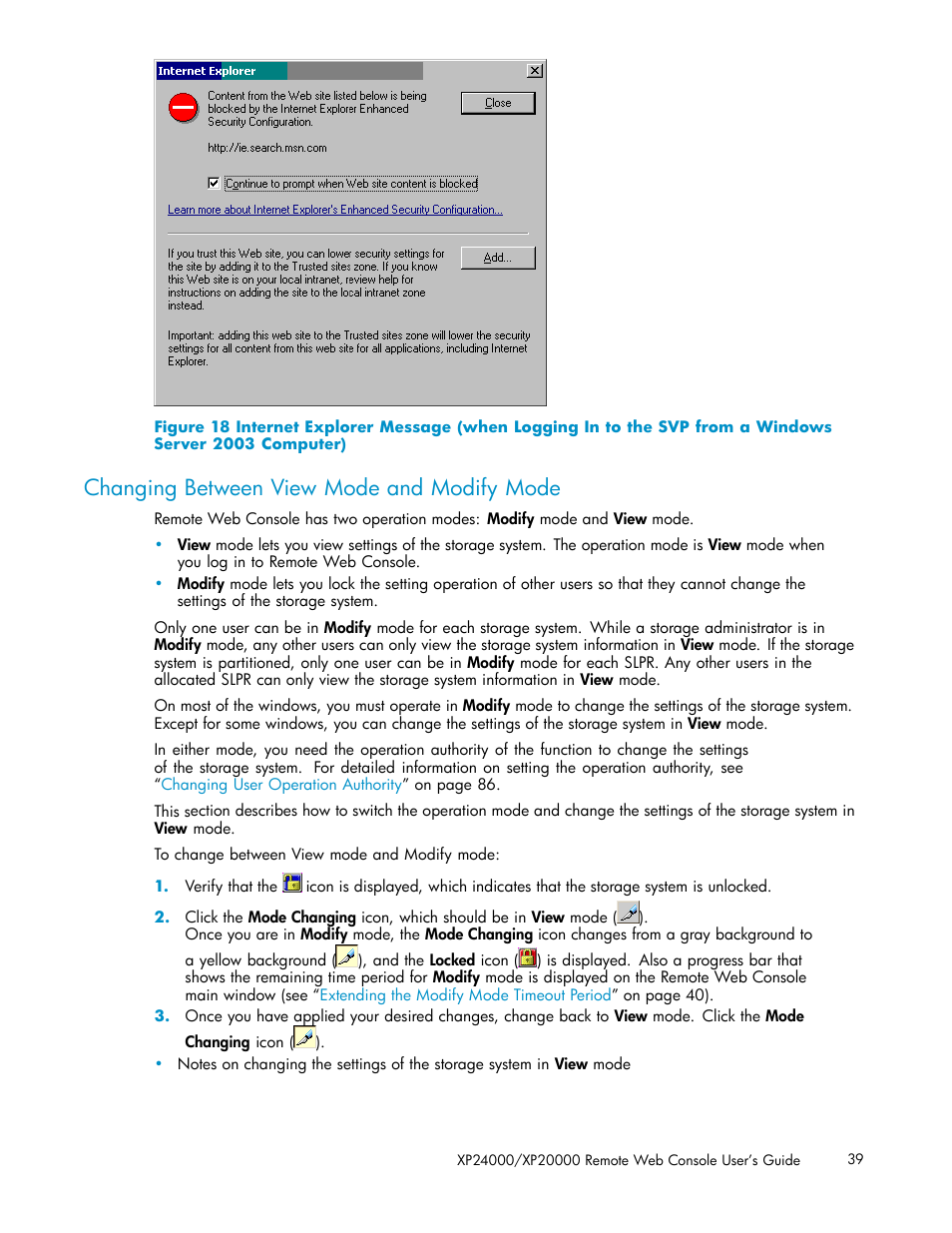 Changing between view mode and modify mode, Computer), Figure 18 | HP XP20000XP24000 Disk Array User Manual | Page 39 / 108