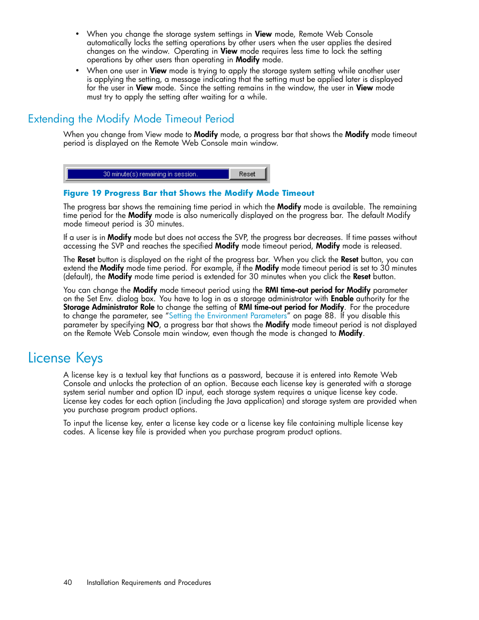 License keys, Extending the modify mode timeout period, 19 progress bar that shows the modify mode timeout | HP XP20000XP24000 Disk Array User Manual | Page 40 / 108