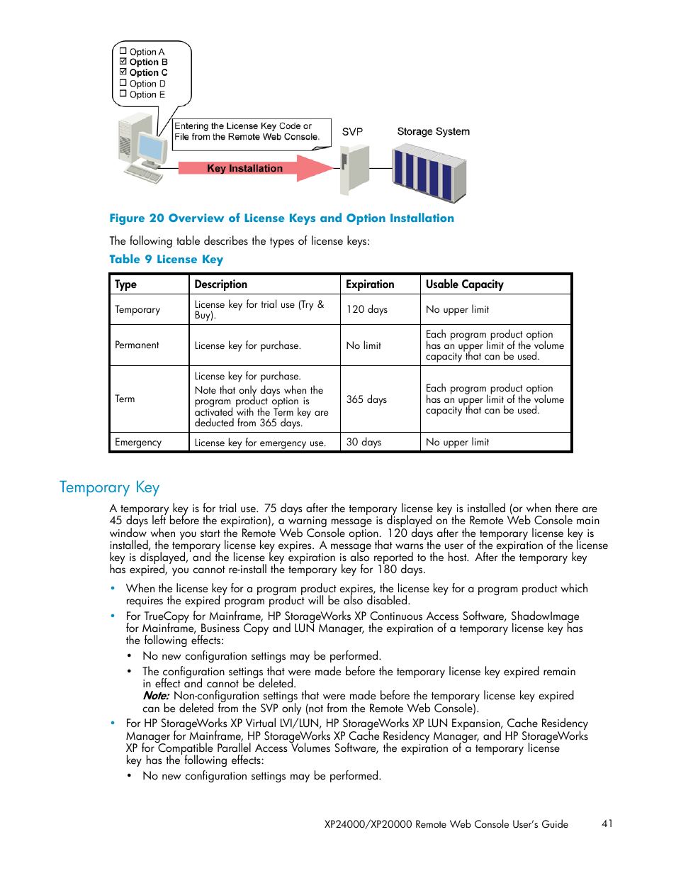 Temporary key, 9 license key | HP XP20000XP24000 Disk Array User Manual | Page 41 / 108