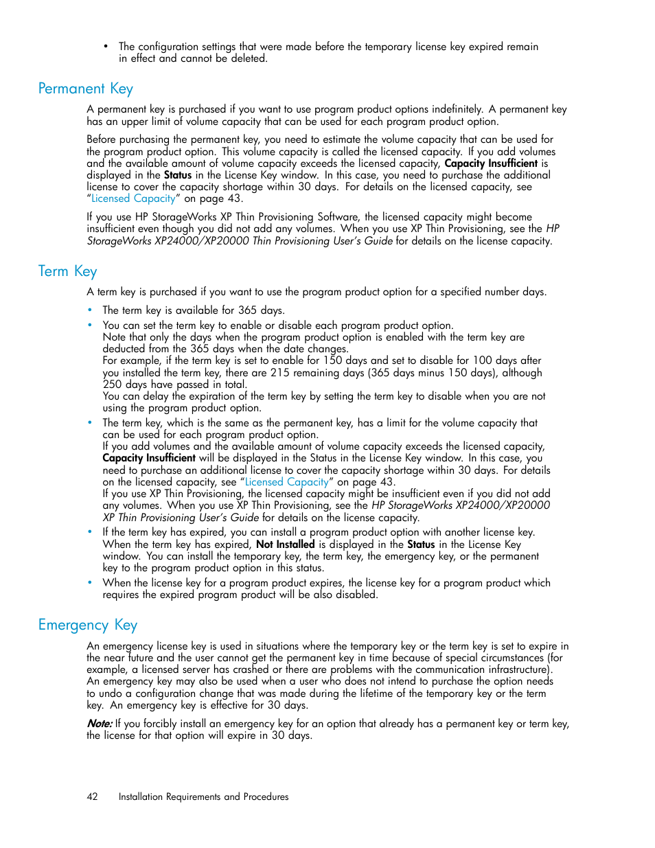 Permanent key, Term key, Emergency key | HP XP20000XP24000 Disk Array User Manual | Page 42 / 108