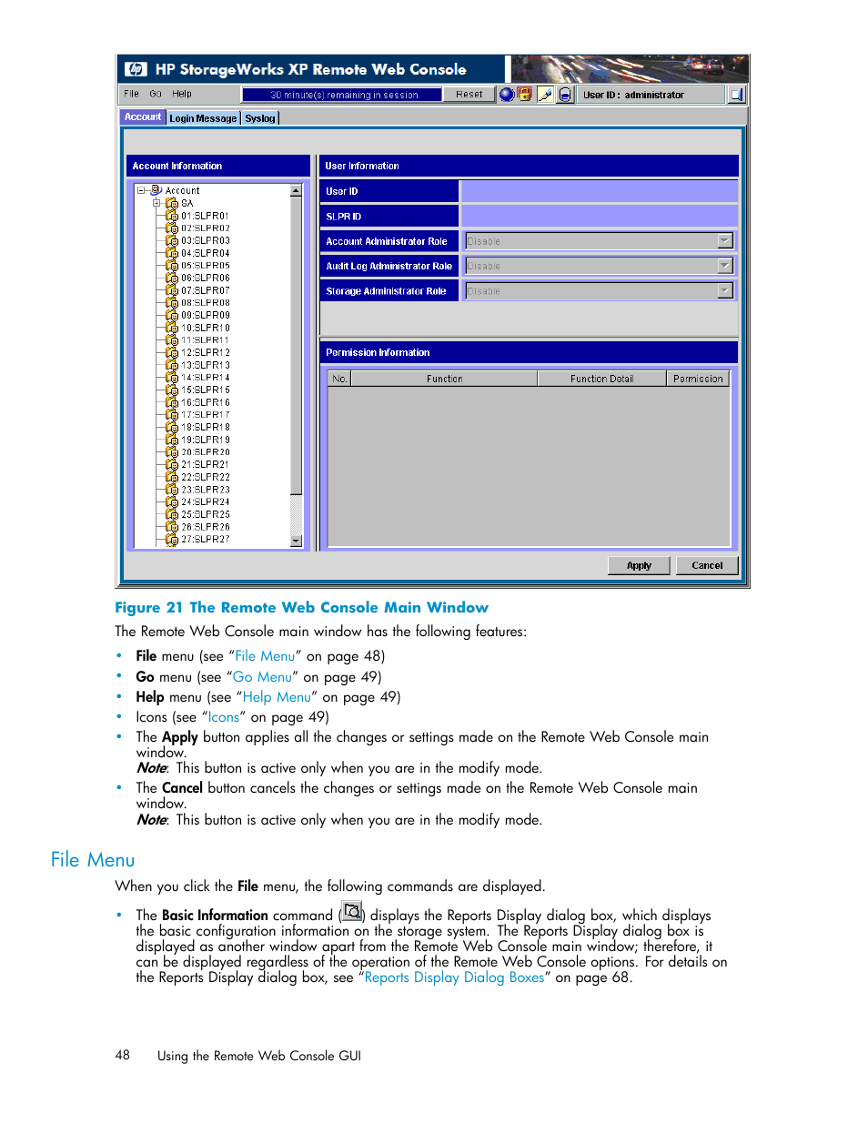 File menu, 21 the remote web console main window, Figure 21 | HP XP20000XP24000 Disk Array User Manual | Page 48 / 108