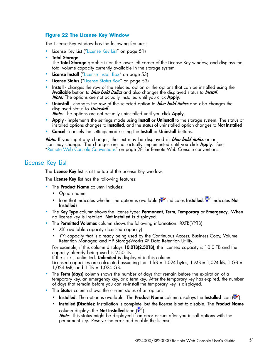 License key list, 22 the license key window | HP XP20000XP24000 Disk Array User Manual | Page 51 / 108