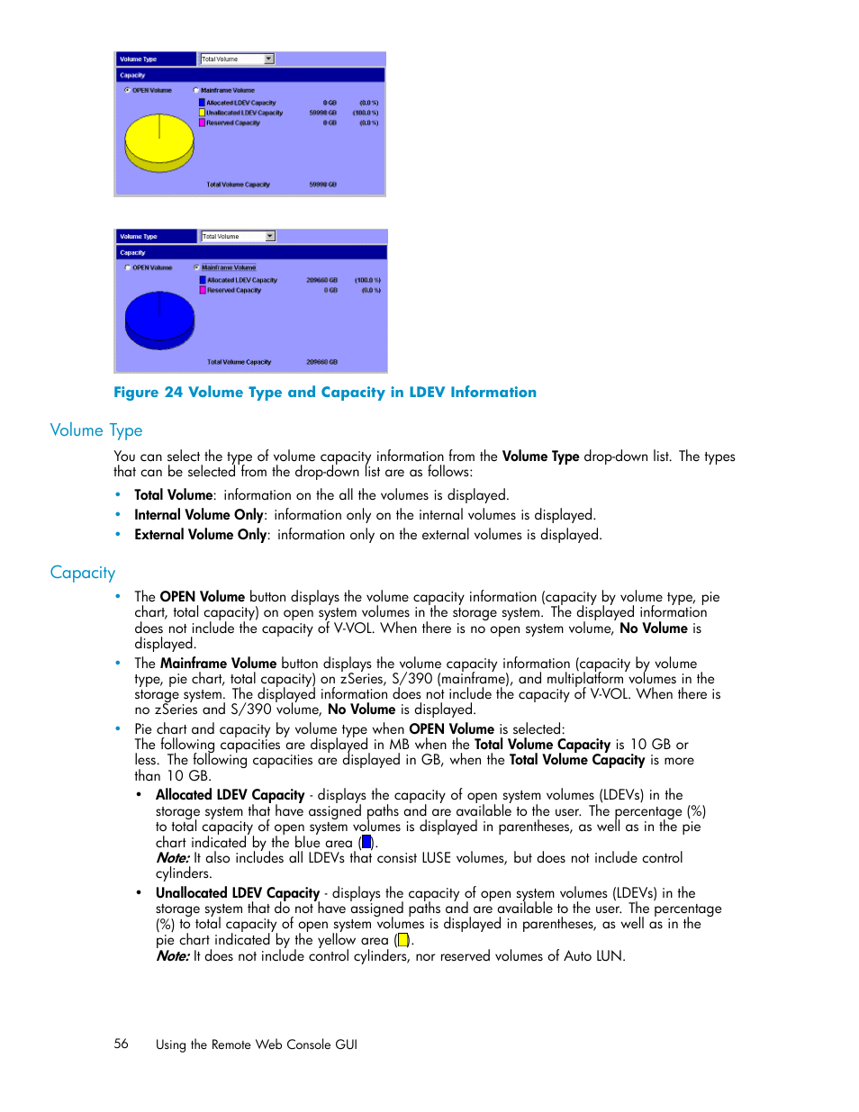 Volume type, Capacity, 24 volume type and capacity in ldev information | HP XP20000XP24000 Disk Array User Manual | Page 56 / 108