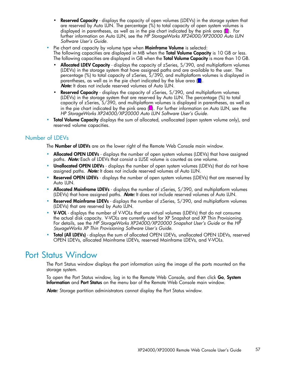 Port status window, Number of ldevs | HP XP20000XP24000 Disk Array User Manual | Page 57 / 108