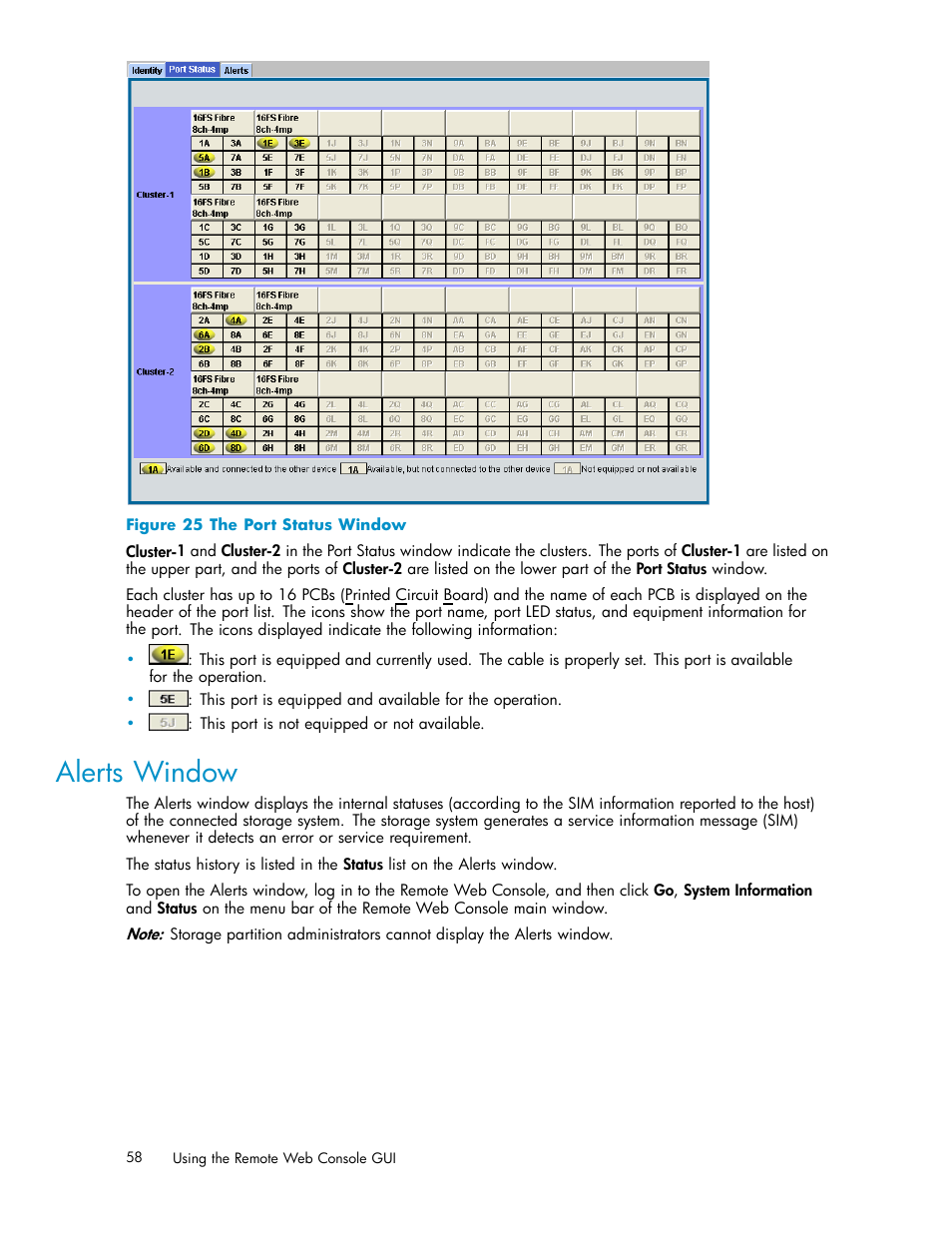 Alerts window, 25 the port status window | HP XP20000XP24000 Disk Array User Manual | Page 58 / 108