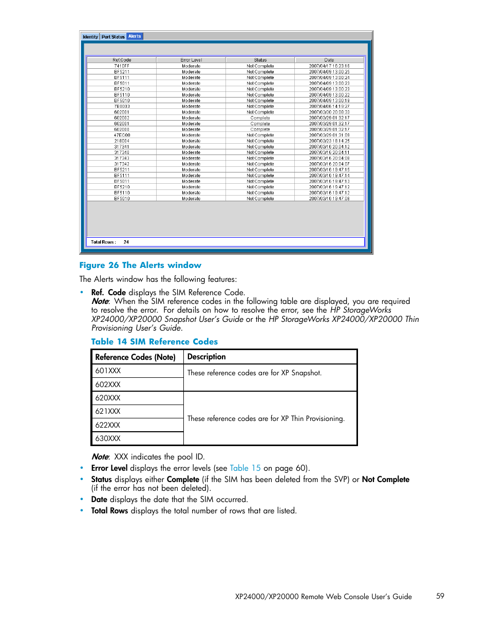26 the alerts window, 14 sim reference codes | HP XP20000XP24000 Disk Array User Manual | Page 59 / 108
