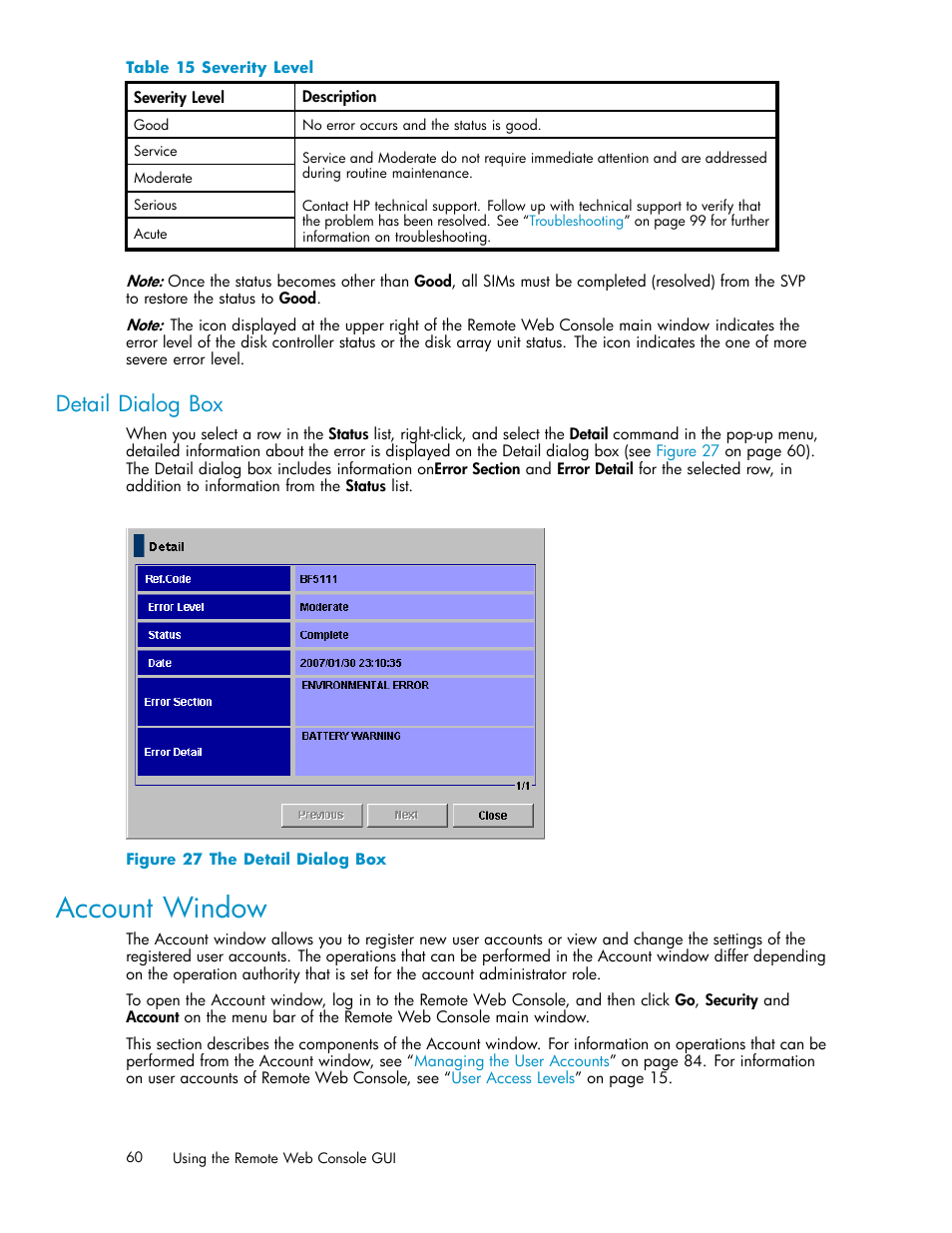 Account window, Detail dialog box, 27 the detail dialog box | 15 severity level | HP XP20000XP24000 Disk Array User Manual | Page 60 / 108