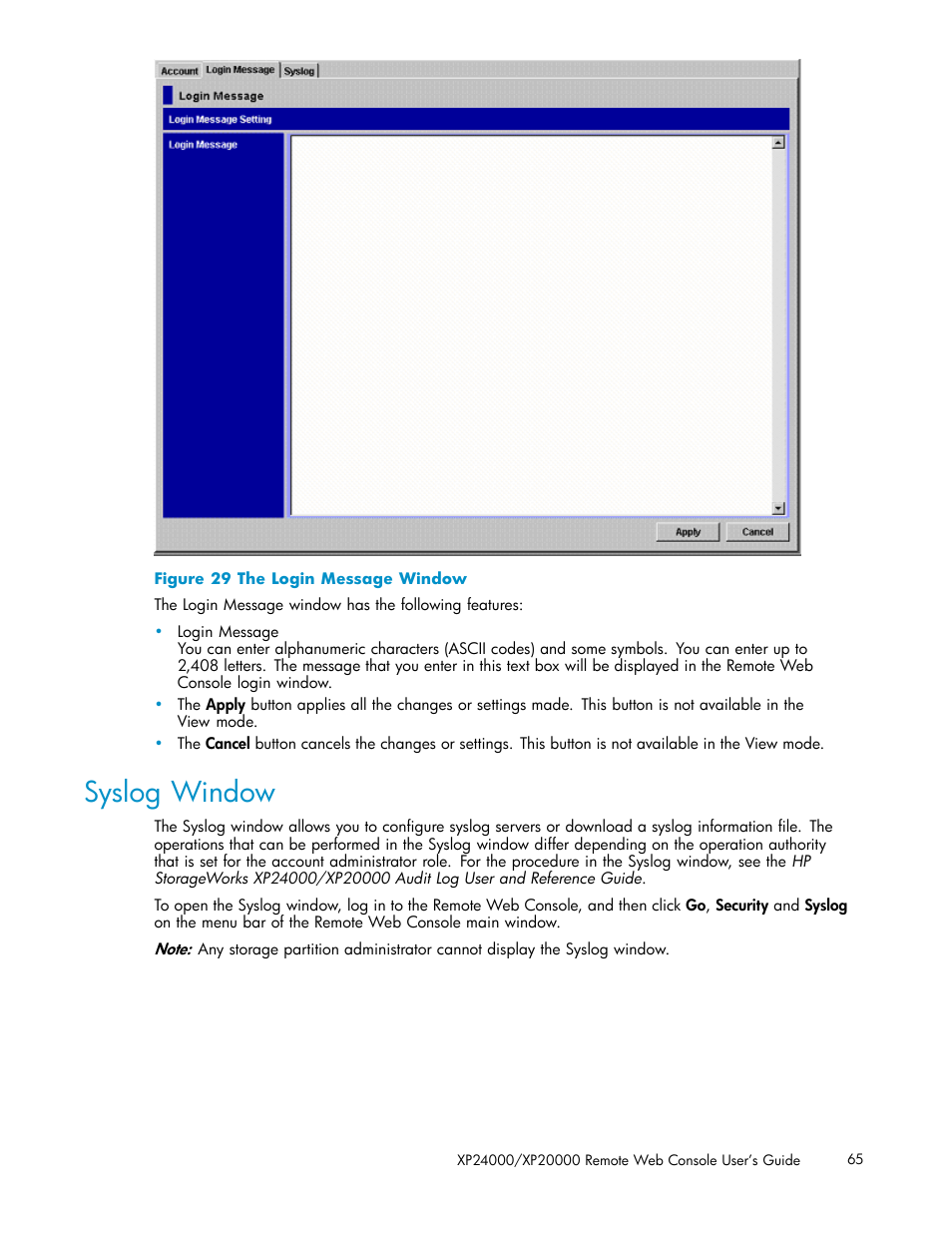 Syslog window, 29 the login message window | HP XP20000XP24000 Disk Array User Manual | Page 65 / 108