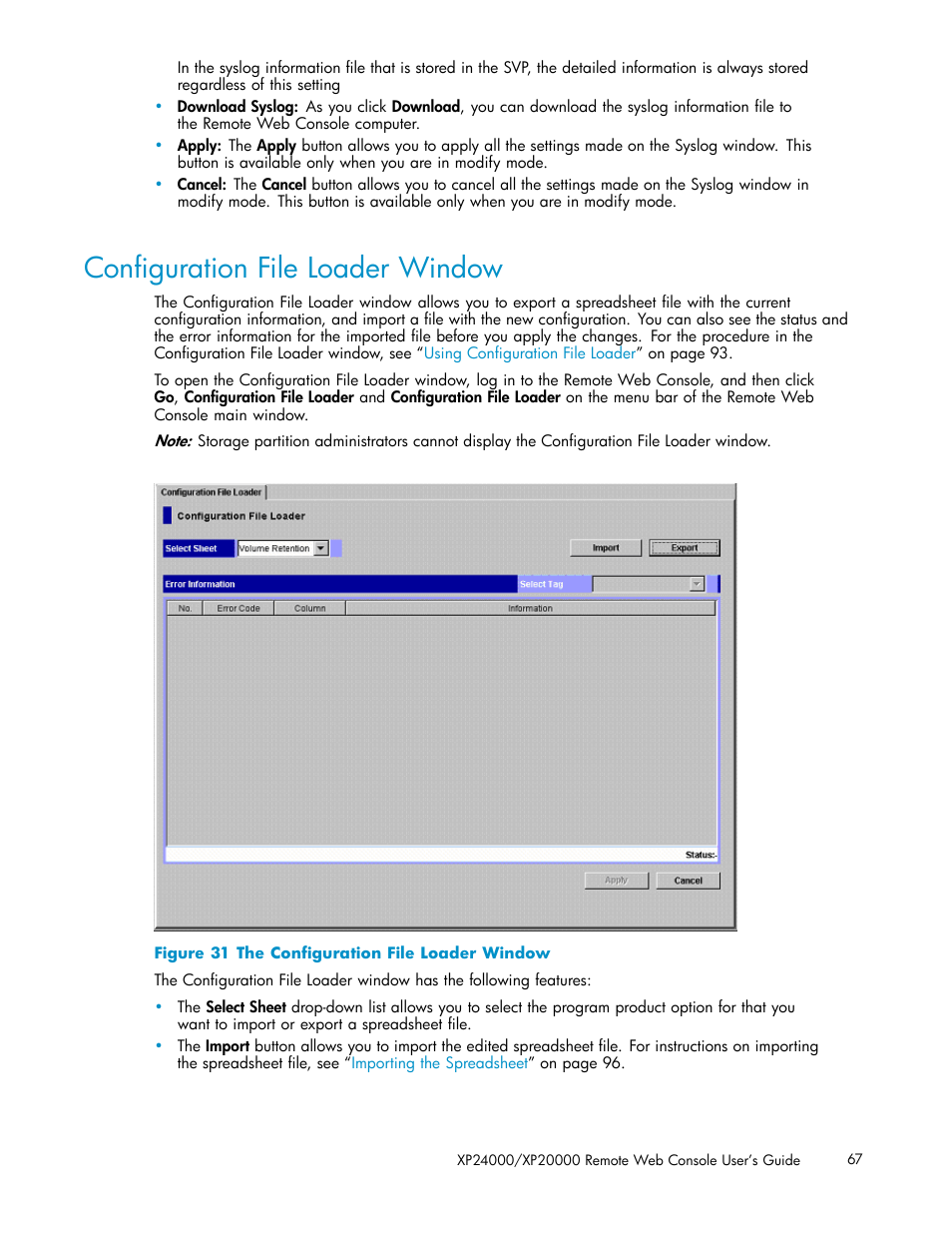 Conﬁguration file loader window, 31 the conﬁguration file loader window | HP XP20000XP24000 Disk Array User Manual | Page 67 / 108