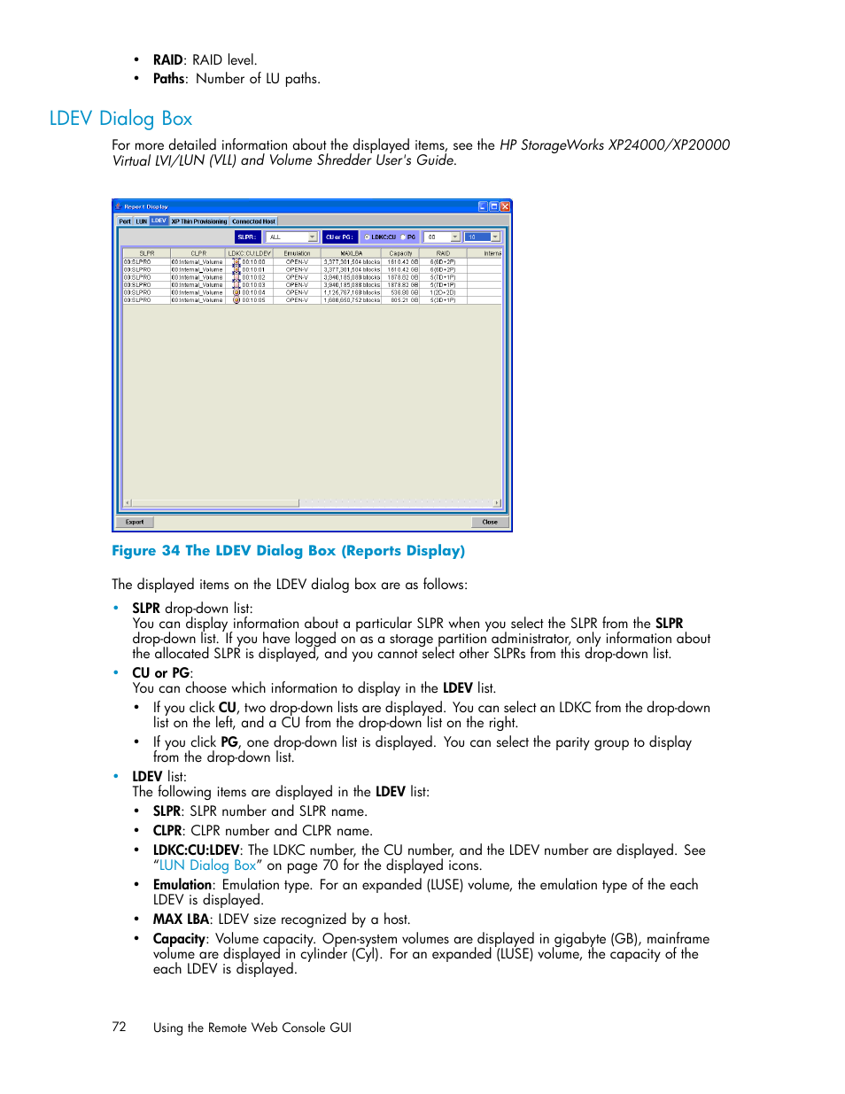Ldev dialog box, 34 the ldev dialog box (reports display) | HP XP20000XP24000 Disk Array User Manual | Page 72 / 108
