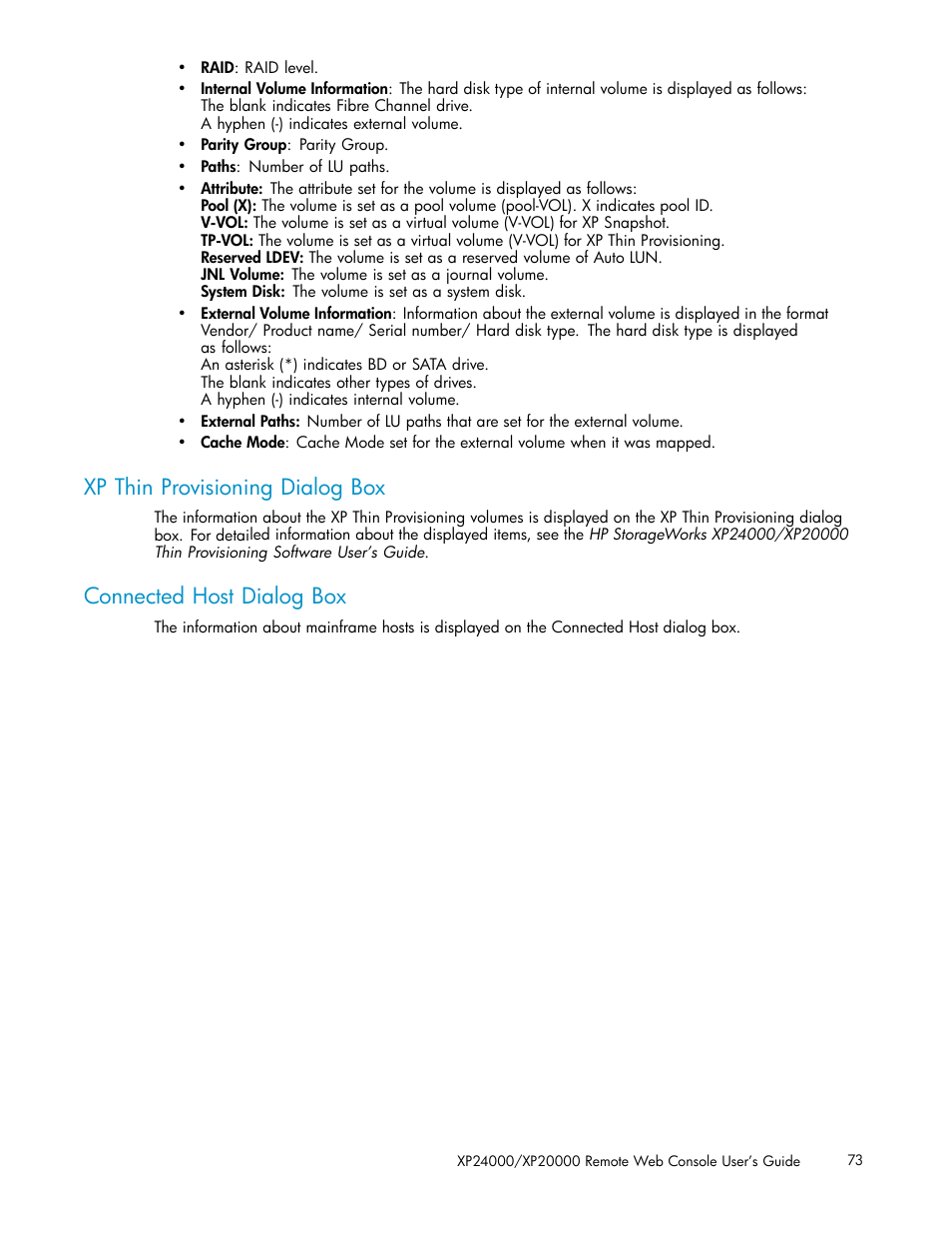 Xp thin provisioning dialog box, Connected host dialog box | HP XP20000XP24000 Disk Array User Manual | Page 73 / 108