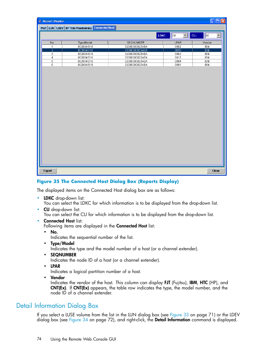 Detail information dialog box, 35 the connected host dialog box (reports display) | HP XP20000XP24000 Disk Array User Manual | Page 74 / 108