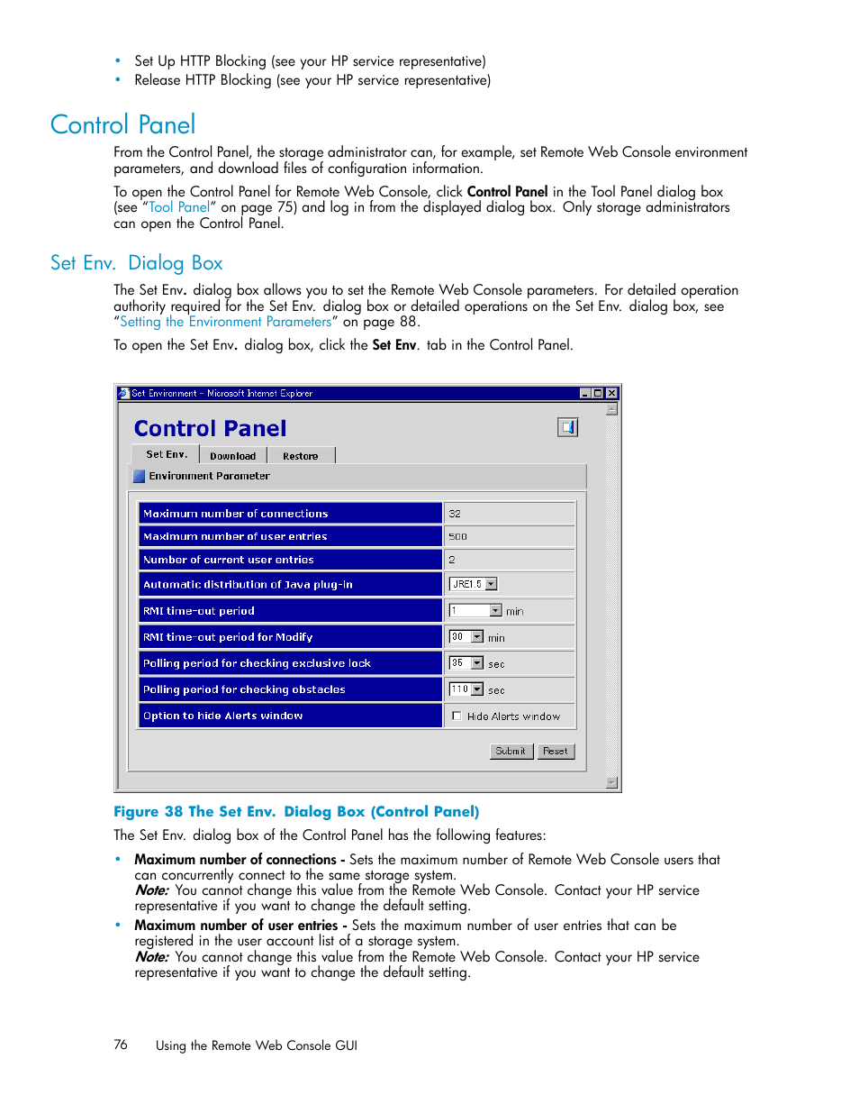 Control panel, Set env. dialog box, 38 the set env. dialog box (control panel) | HP XP20000XP24000 Disk Array User Manual | Page 76 / 108