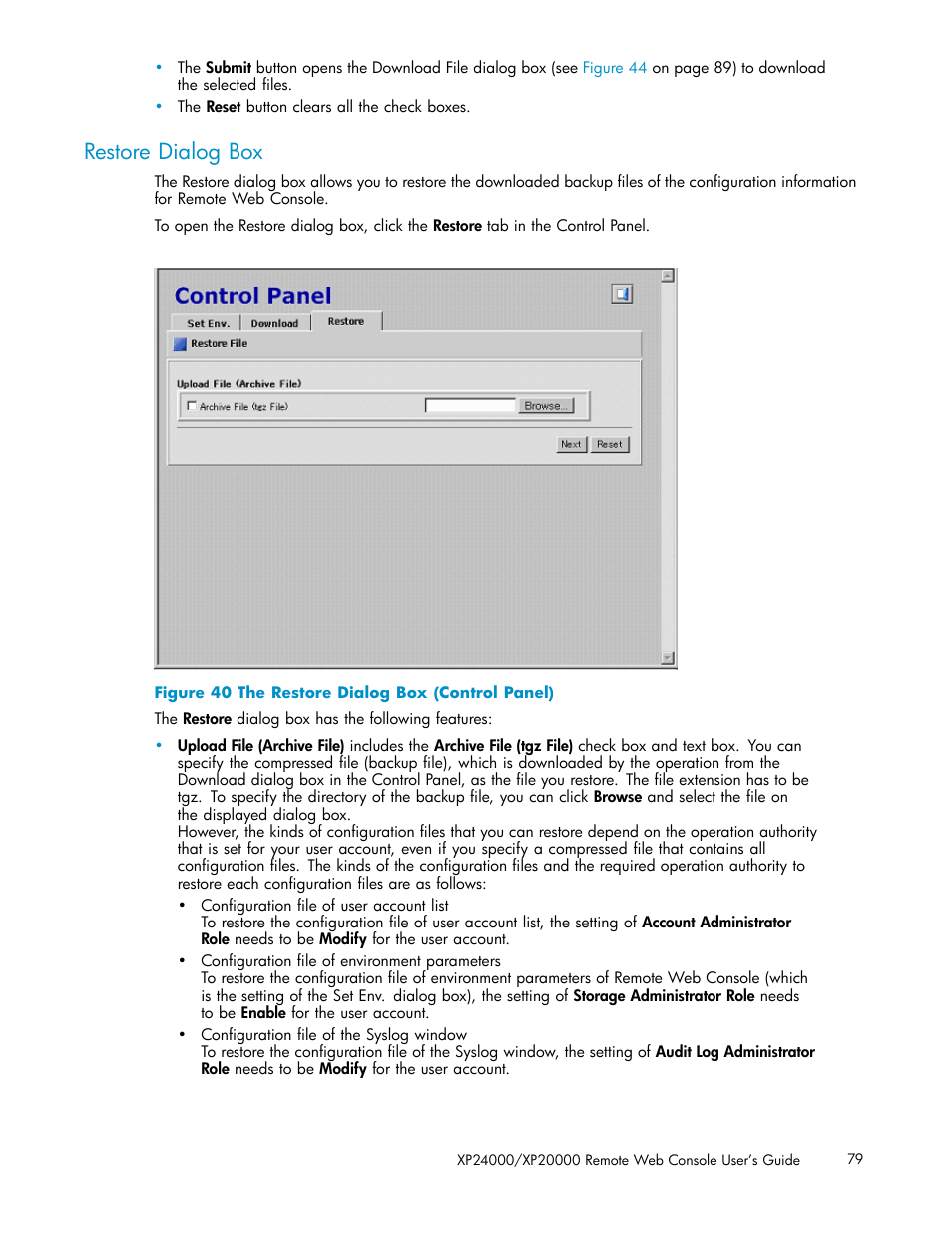 Restore dialog box, 40 the restore dialog box (control panel) | HP XP20000XP24000 Disk Array User Manual | Page 79 / 108
