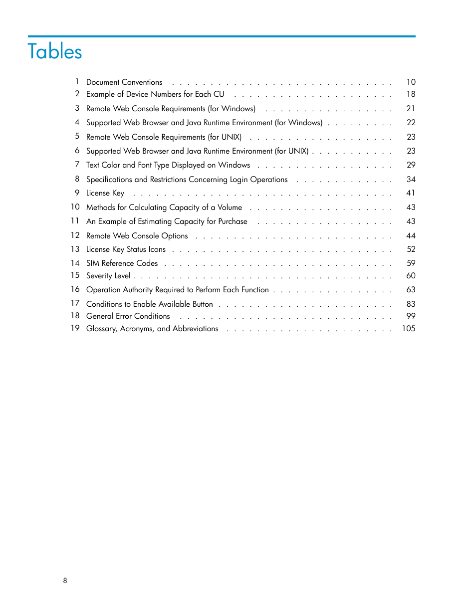 Tables | HP XP20000XP24000 Disk Array User Manual | Page 8 / 108