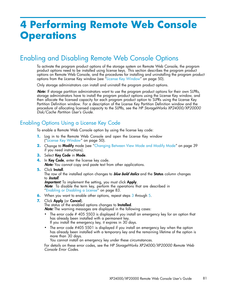 4 performing remote web console operations, Enabling and disabling remote web console options, Enabling options using a license key code | HP XP20000XP24000 Disk Array User Manual | Page 81 / 108