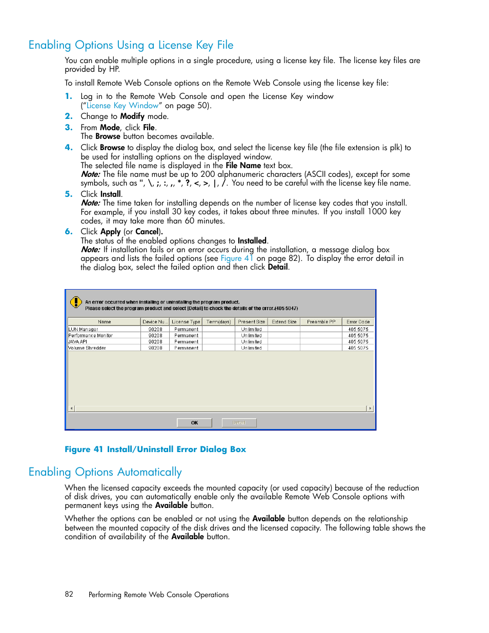 Enabling options using a license key file, Enabling options automatically, 41 install/uninstall error dialog box | HP XP20000XP24000 Disk Array User Manual | Page 82 / 108