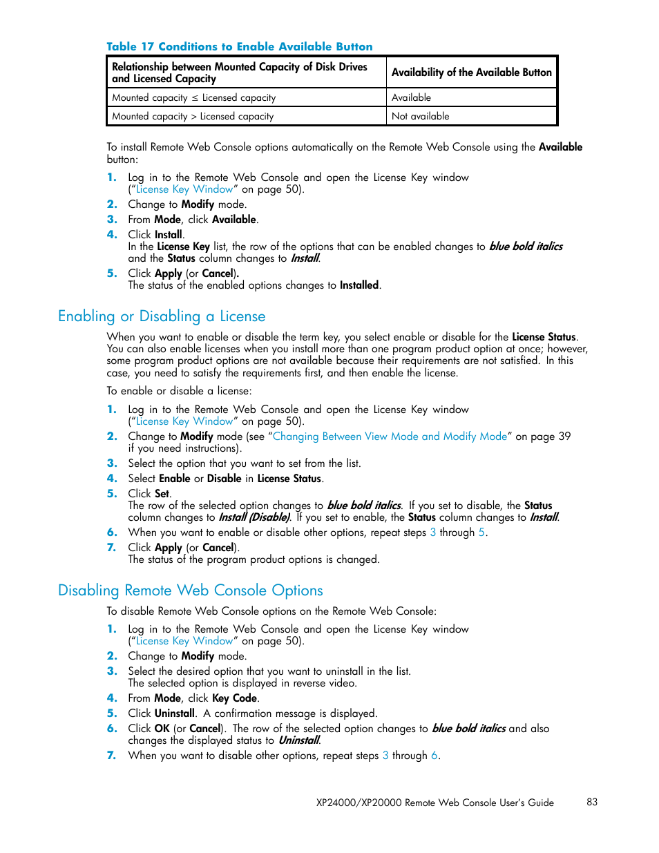 Enabling or disabling a license, Disabling remote web console options, 17 conditions to enable available button | HP XP20000XP24000 Disk Array User Manual | Page 83 / 108