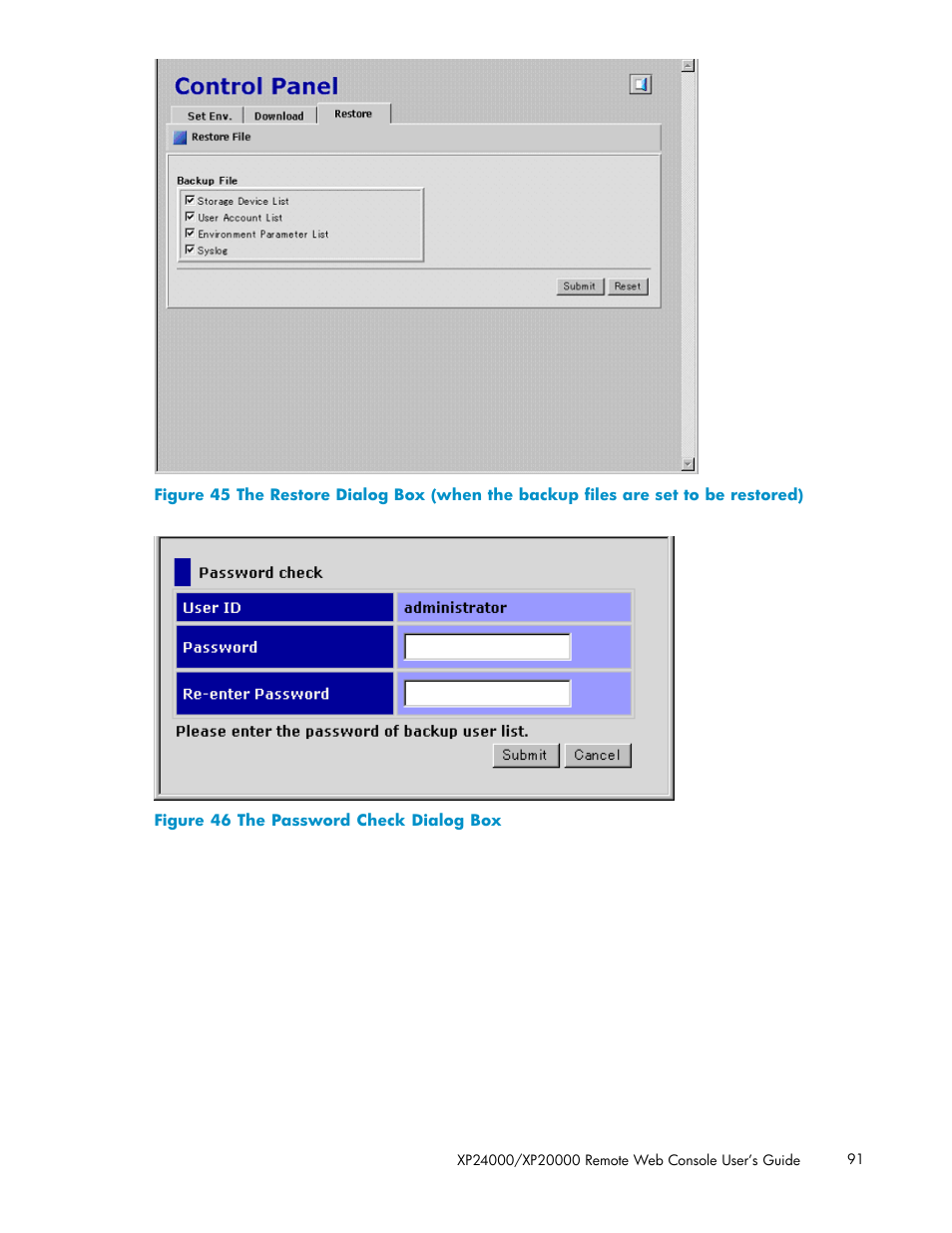 46 the password check dialog box, Figure 45, Figure 46 | HP XP20000XP24000 Disk Array User Manual | Page 91 / 108