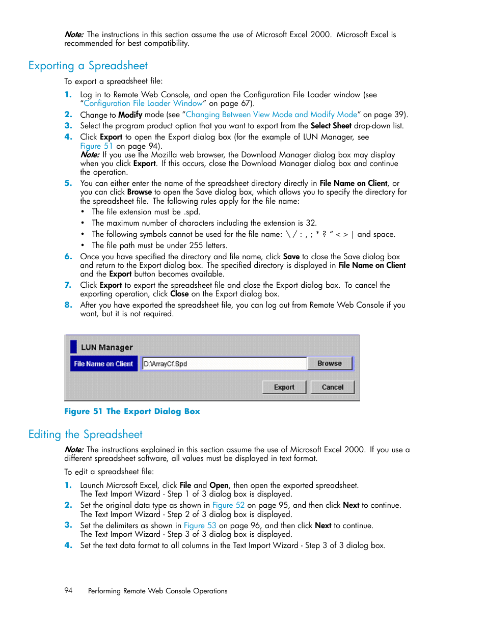 Exporting a spreadsheet, Editing the spreadsheet, 51 the export dialog box | HP XP20000XP24000 Disk Array User Manual | Page 94 / 108