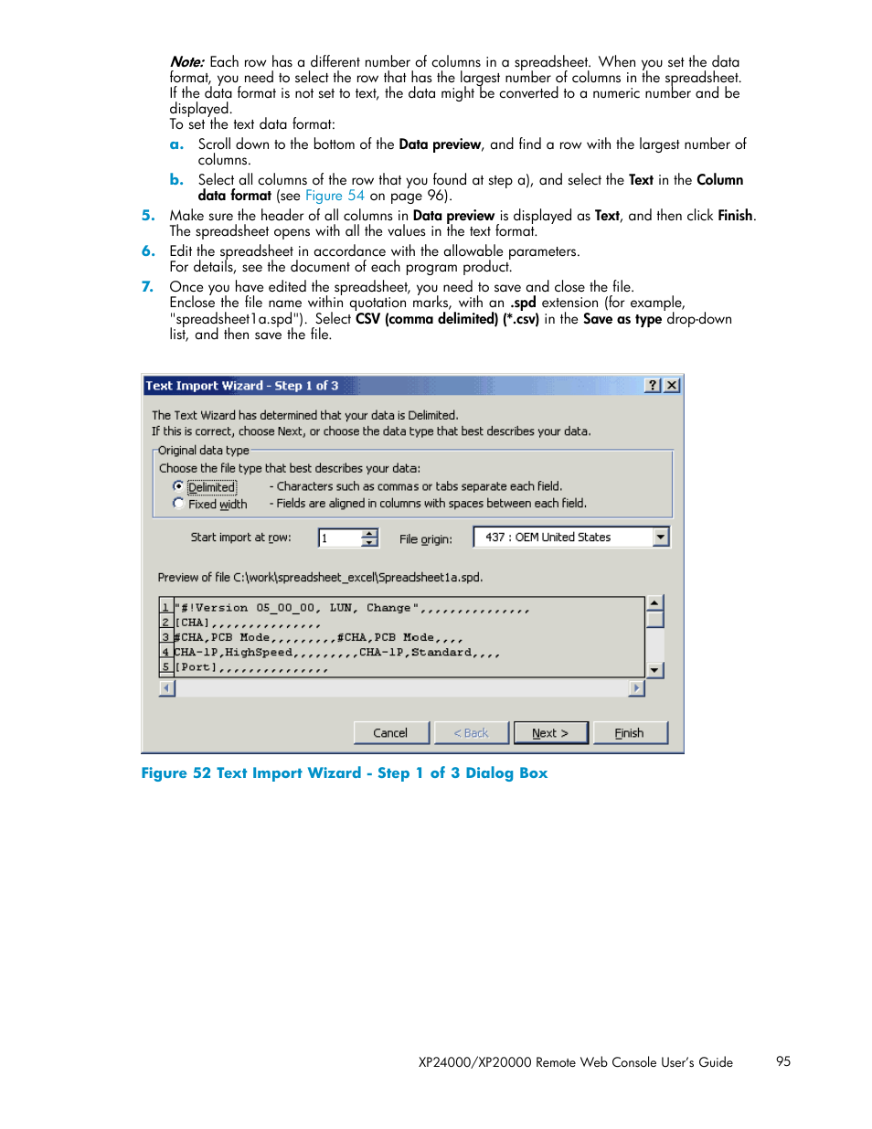 52 text import wizard - step 1 of 3 dialog box, Figure 52 | HP XP20000XP24000 Disk Array User Manual | Page 95 / 108