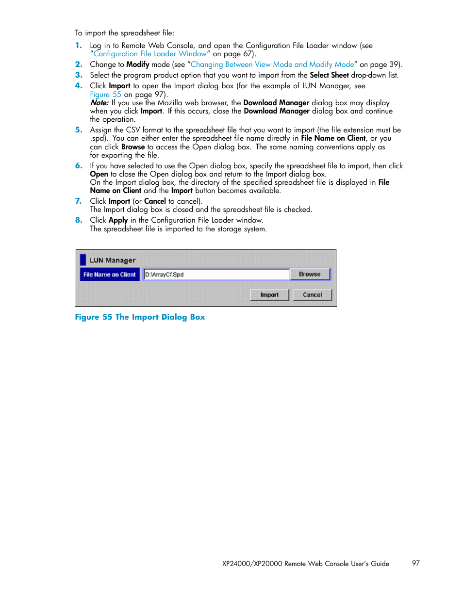 55 the import dialog box | HP XP20000XP24000 Disk Array User Manual | Page 97 / 108