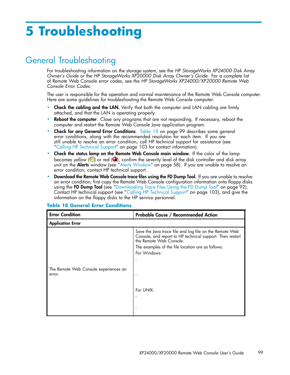 5 troubleshooting, General troubleshooting, 18 general error conditions | Troubleshooting | HP XP20000XP24000 Disk Array User Manual | Page 99 / 108
