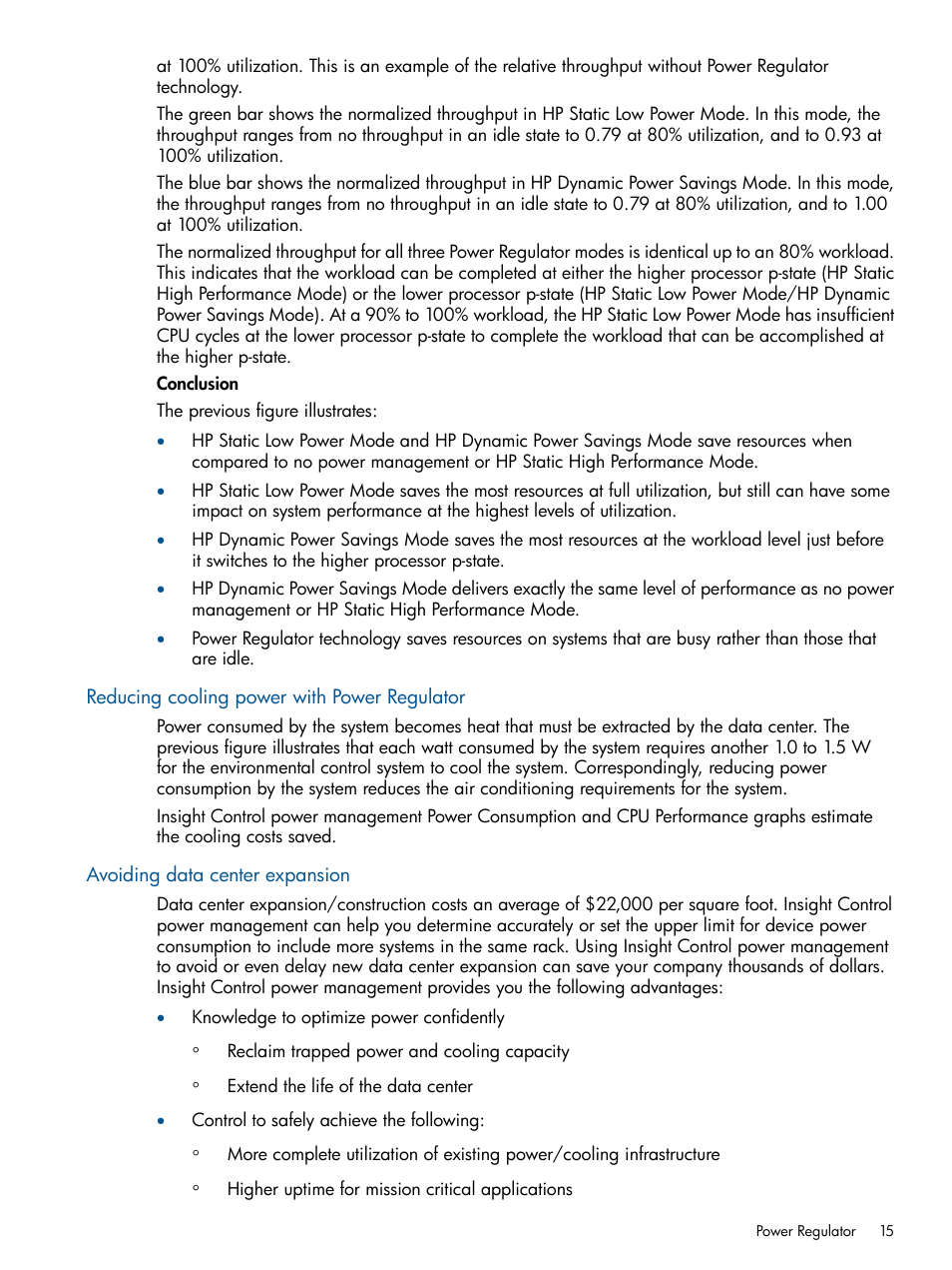 Reducing cooling power with power regulator, Avoiding data center expansion | HP Insight Control Software for Linux User Manual | Page 15 / 43