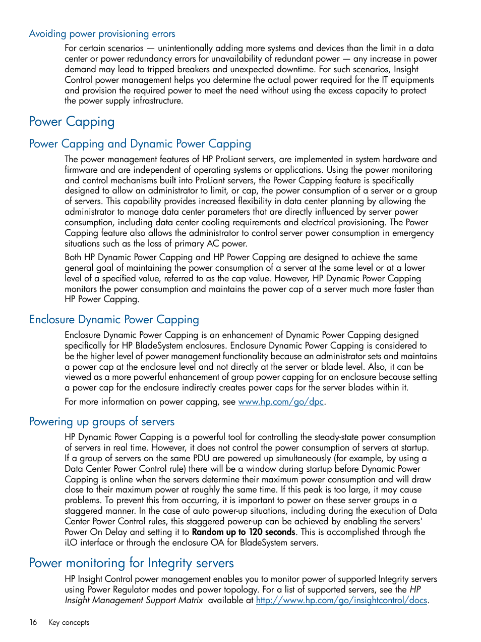 Avoiding power provisioning errors, Power capping, Power capping and dynamic power capping | Enclosure dynamic power capping, Powering up groups of servers, Power monitoring for integrity servers | HP Insight Control Software for Linux User Manual | Page 16 / 43