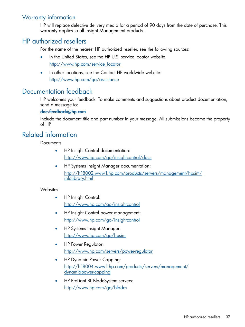 Warranty information, Hp authorized resellers, Documentation feedback | Related information | HP Insight Control Software for Linux User Manual | Page 37 / 43