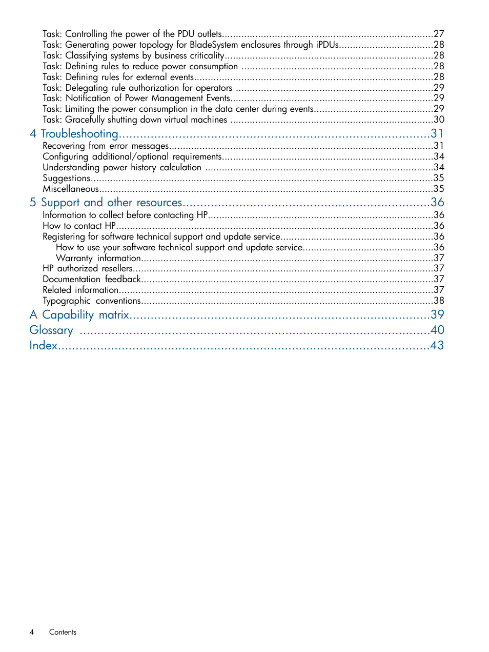 4 troubleshooting, 5 support and other resources, A capability matrix glossary index | HP Insight Control Software for Linux User Manual | Page 4 / 43