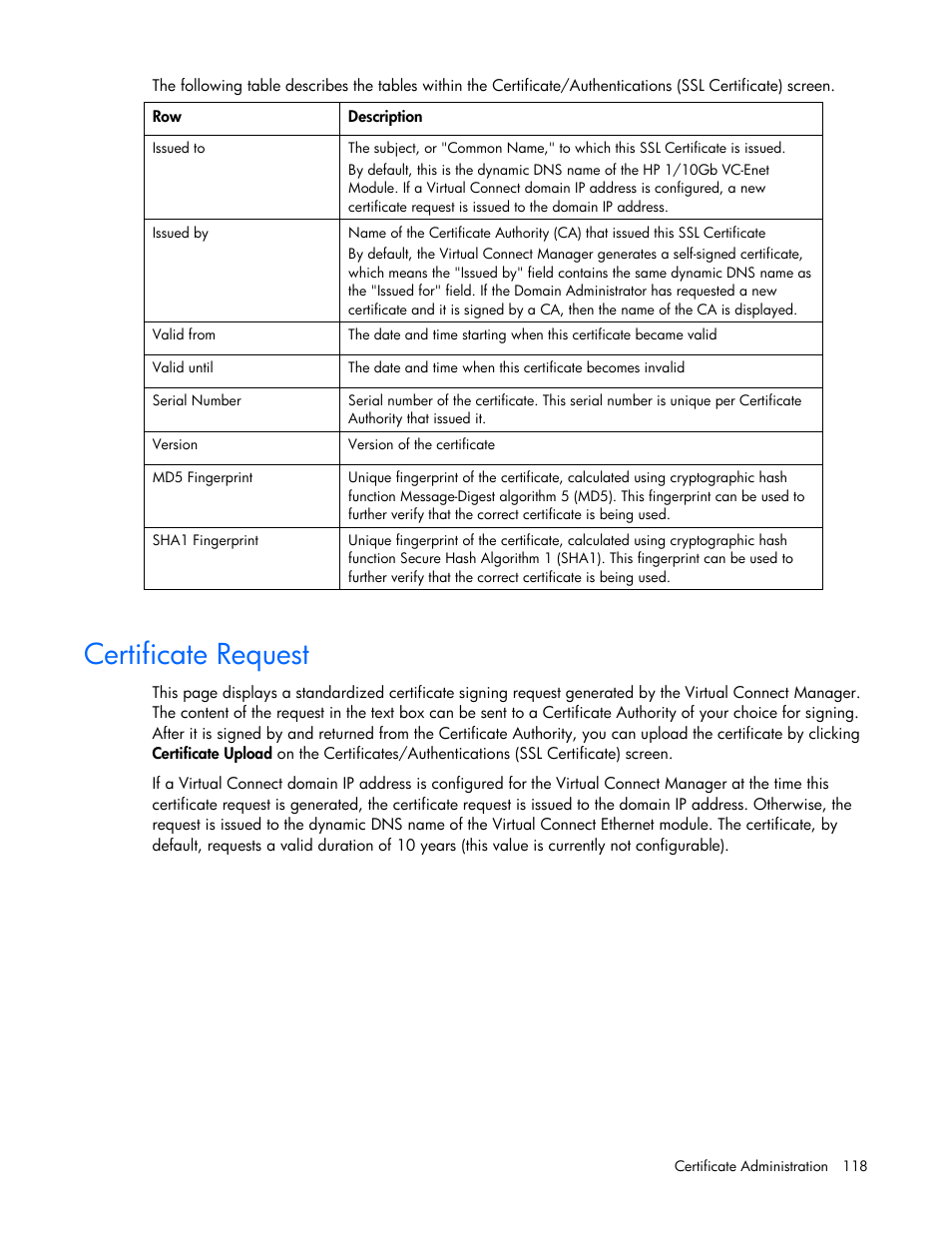 Certificate request | HP 1.10GB Virtual Connect Ethernet Module for c-Class BladeSystem User Manual | Page 118 / 162