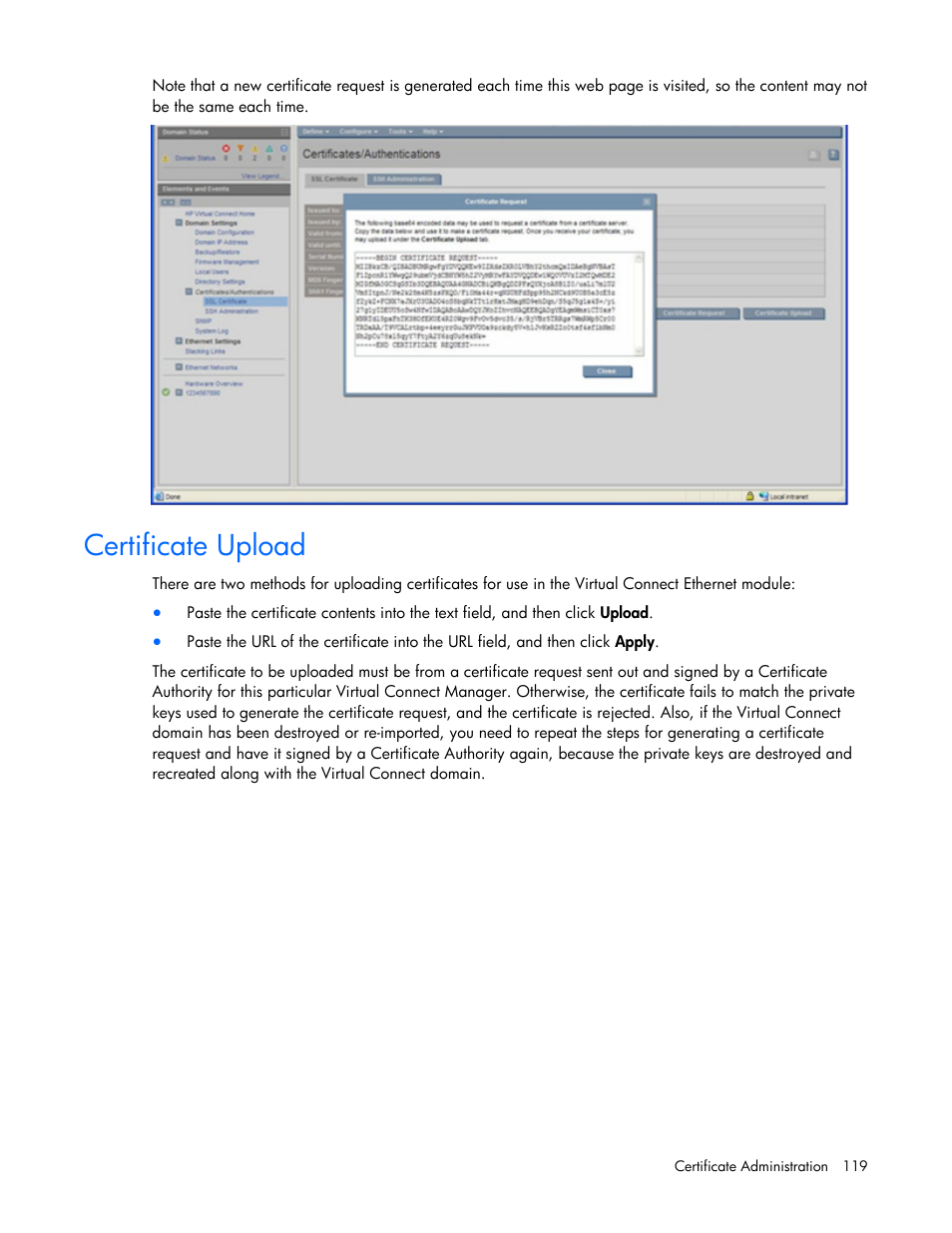 Certificate upload | HP 1.10GB Virtual Connect Ethernet Module for c-Class BladeSystem User Manual | Page 119 / 162