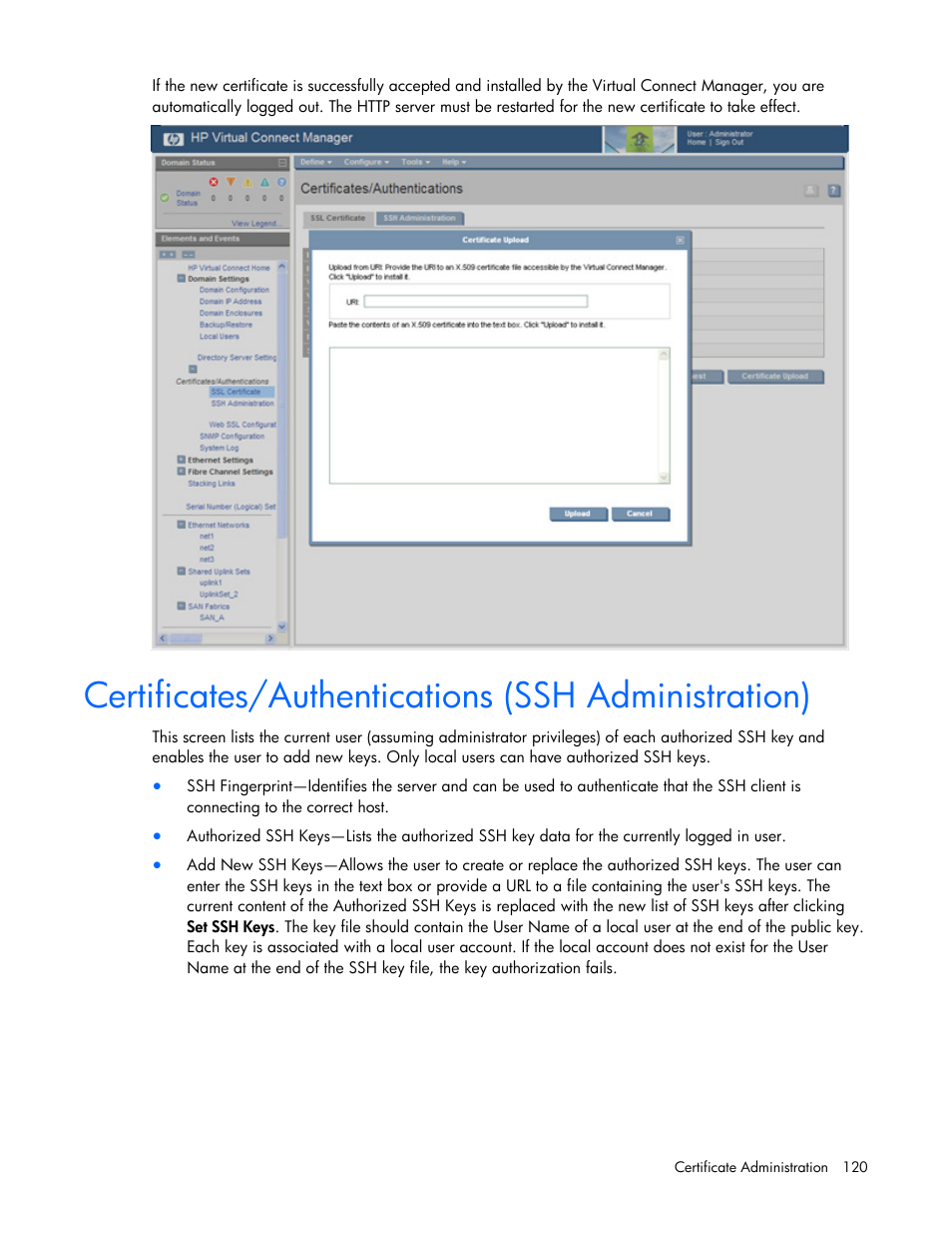 Certificates/authentications (ssh administration) | HP 1.10GB Virtual Connect Ethernet Module for c-Class BladeSystem User Manual | Page 120 / 162
